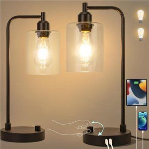 Industrial Bedside Table LampSet of 2Fully Dimmable Lamps for Bedroom Modern USB